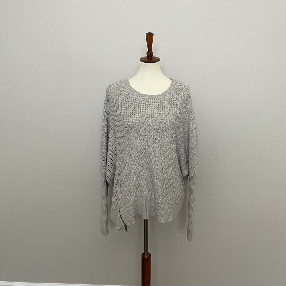 She & Sky Sweater Open Knit Oversized Chunky Boxy Zipper Moto Round Neck Grey